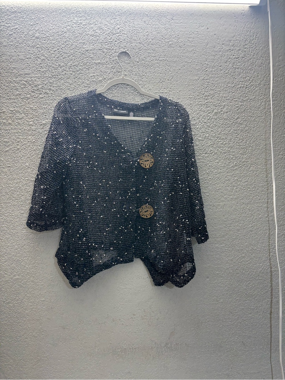 Nina Leonard Black Speckled Open-Weave Button Cardigan